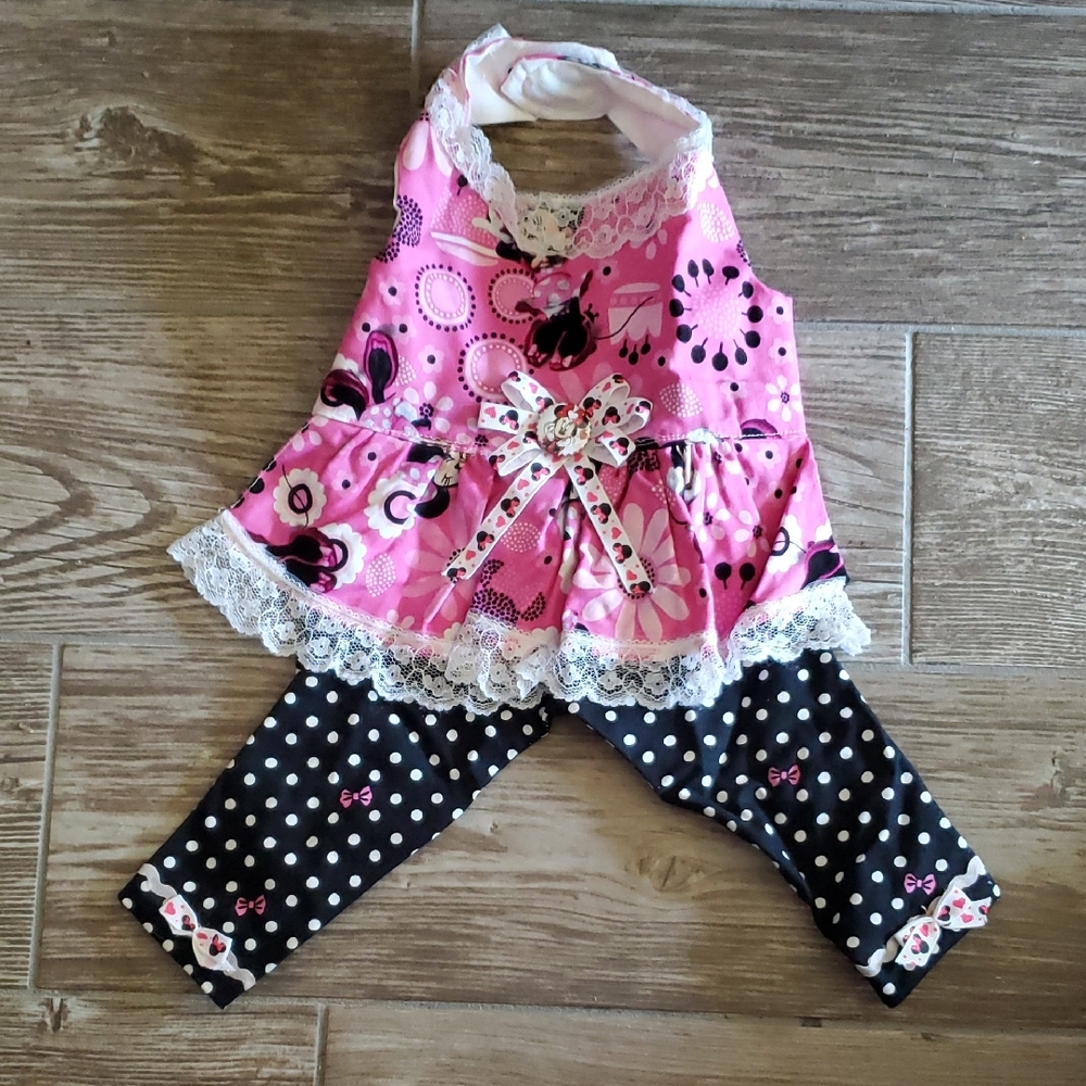 Pink and Black Polka Dot Dog Dress with attached Pants Sz X Small